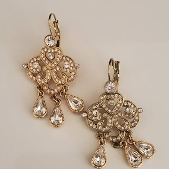 VTG Joan Rivers Chandelier‎ Gold Tone Clear Crystal Dangle Earrings Lever Back - Picture 3 of 4